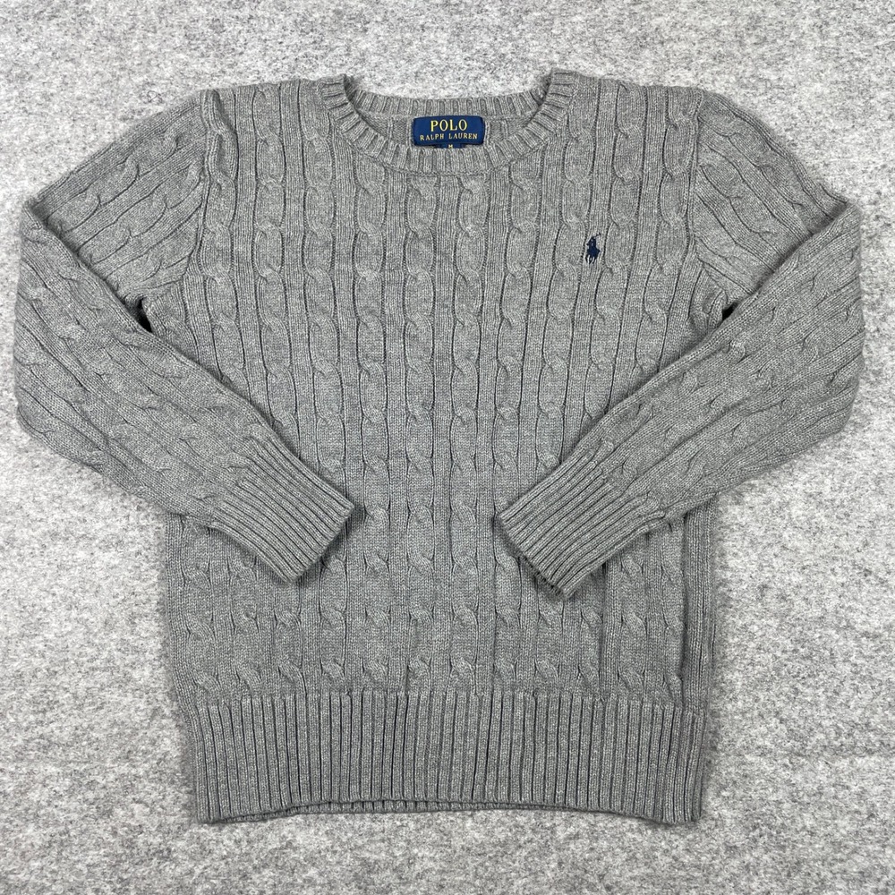 Polo Ralph Lauren Sweater Boys M (10-12) Gray Cable Knit Cotton Crewneck Pony